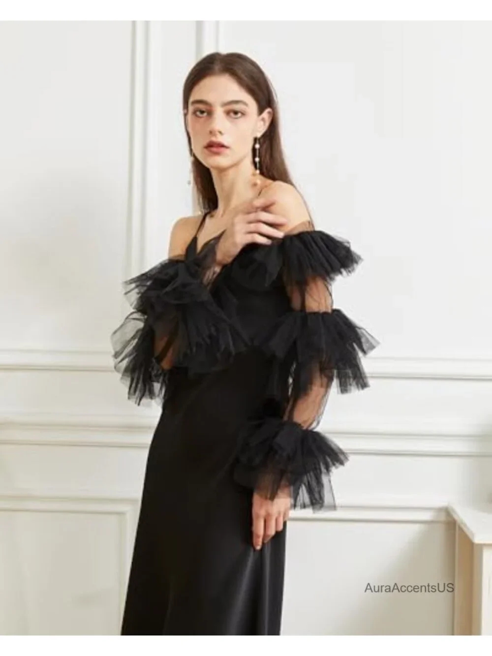Long Puff Velvet Satin/Mesh Opera Sheer Elbow Ruffled Banquet Wedding Dance